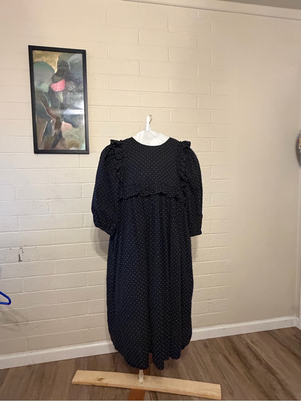 Toit Volant Black Ruffled Polka Dot Midi Dress - Size Small S NWT